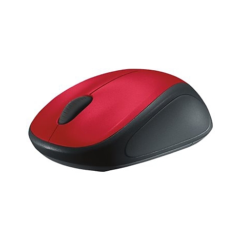 Souris d'ordinateur rouge et noire, vue de dessus. Molette et côtés noirs.