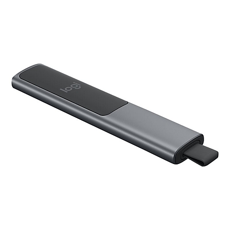 Clicker de présentation gris et allongé avec un bouton noir et logo.