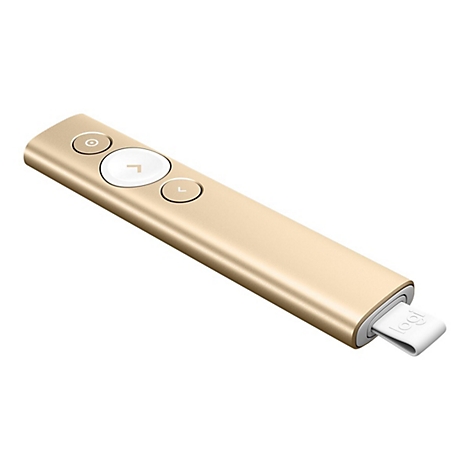 Clicker de présentation doré avec boutons et logo blanc.