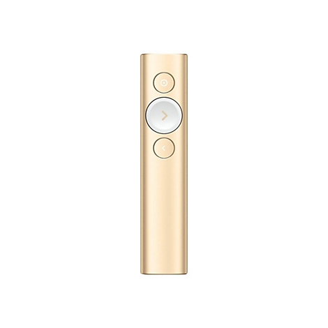 Clicker de présentation doré avec trois boutons sur fond blanc.