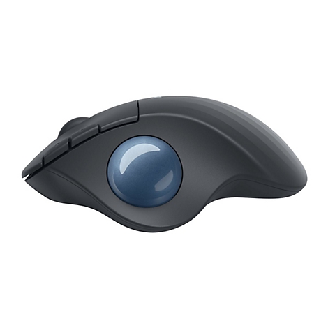 Souris trackball gris foncé avec boule bleue, sur fond blanc.