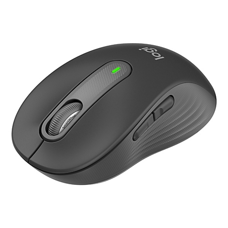 Souris sans fil, noire, avec logo. Sur le dessus, une molette de défilement et une lumière verte. Le nom SmartWheel est visible.