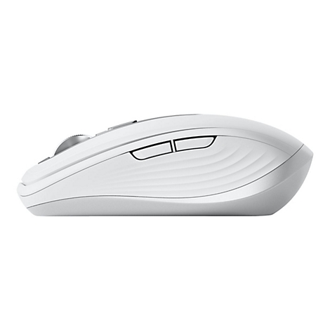 Vue latérale d'une souris blanche et ergonomique avec une surface ridée et des boutons latéraux.