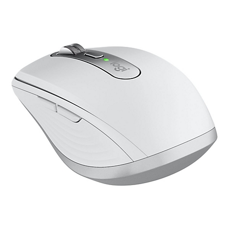 Souris d'ordinateur ergonomique blanche de Logitech avec des accents gris. Dessus : molette de défilement et bouton. Logo.