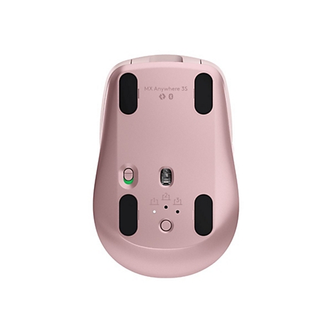 Vue de dessus d'une souris rose. Patins noirs, interrupteur marche/arrêt, indicateur de connexion et nom du modèle MX Anywhere 3S.