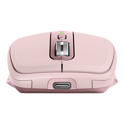 Souris d'ordinateur rose clair avec port USB-C latéral, molette de défilement centrale et un bouton.