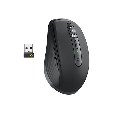 Souris noire sans fil et récepteur USB sur fond blanc. Souris avec molette de défilement et logo.