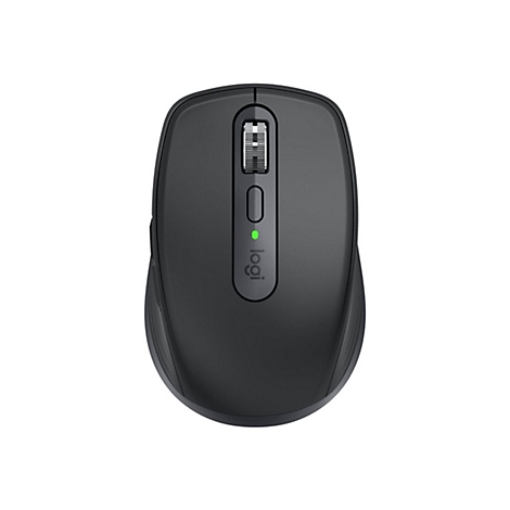 Vue de dessus d'une souris sans fil noire avec molette et logo.