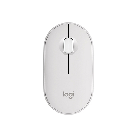 Souris sans fil gris clair avec un design plat. Le logo est en haut, en dessous de la ligne de séparation des boutons.