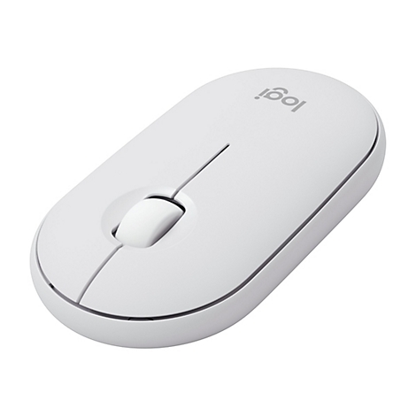 Souris sans fil blanche de Logitech. Forme ovale, molette de défilement au milieu, logo sur le dessus.