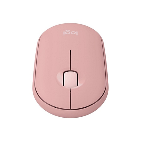 Souris sans fil rose clair de Logitech, vue de dessus. Logo en haut. Molette de défilement et boutons de la souris visibles.