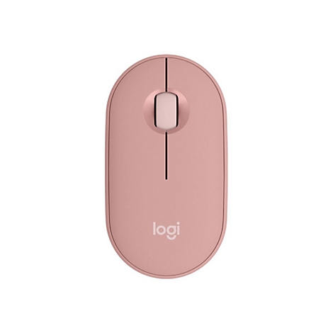 Souris rose clair ovale, avec deux boutons, molette et logo.