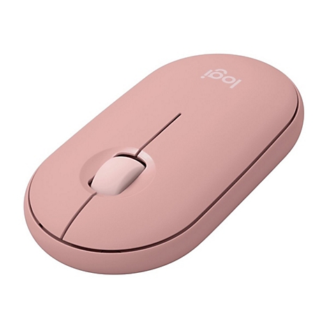 Souris sans fil rose clair de Logitech avec logo. Molette et deux boutons visibles.