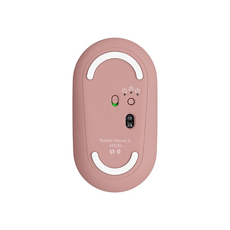 Vue de dessus d'une souris rose. Sur la face inférieure, on trouve des patins blancs, des boutons et l'inscription 'Pebble Mouse 2 M350s'.