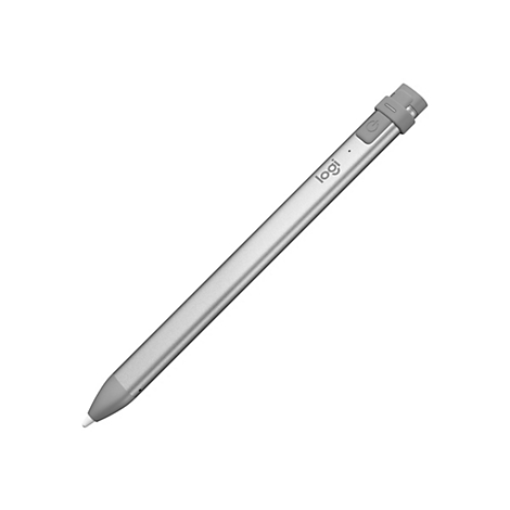 Un stylo Logitech argenté sur fond blanc. Le stylo a un dessus gris avec un bouton d'alimentation et le logo Logitech.
