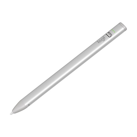 Stylet Logi U argenté avec une pointe et des LED d'état vertes.