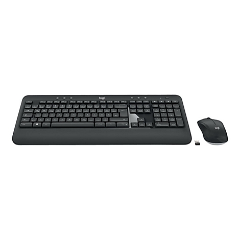 Ensemble clavier et souris Logitech noir sans fil avec récepteur USB sur fond blanc.