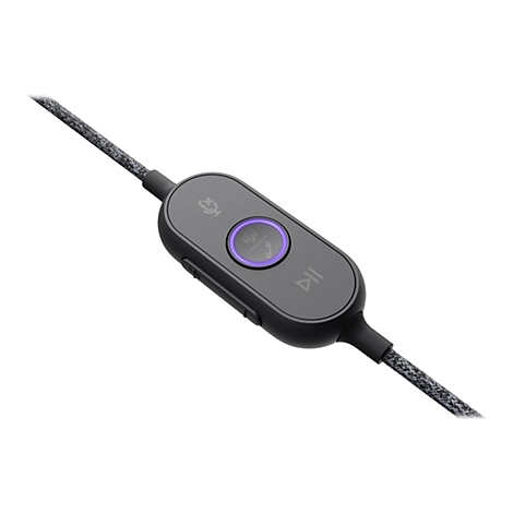 Gros plan sur une commande de casque noire avec des icônes de microphone et de téléphone. Bouton rond avec une lueur violette et un cordon de câble gris.