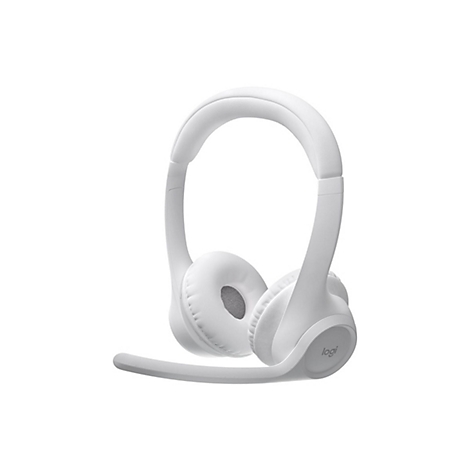 Casque blanc avec microphone sur fond blanc, logo Logi.