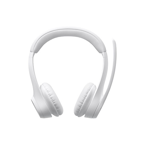 Casque blanc avec microphone sur fond blanc.