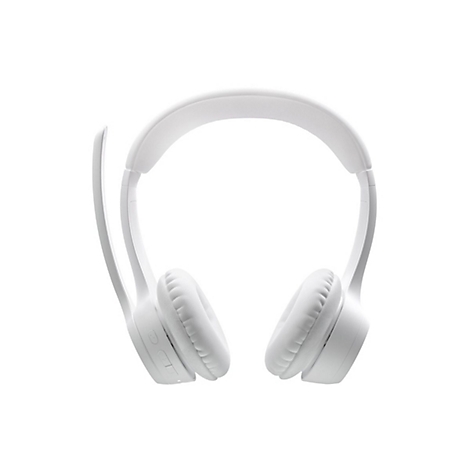 Casque blanc isolé sur fond blanc. Il a un serre-tête et deux écouteurs.