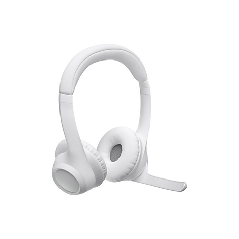 Casque blanc, présenté légèrement en biais de côté, avec des coussinets d'oreille souples et un microphone.