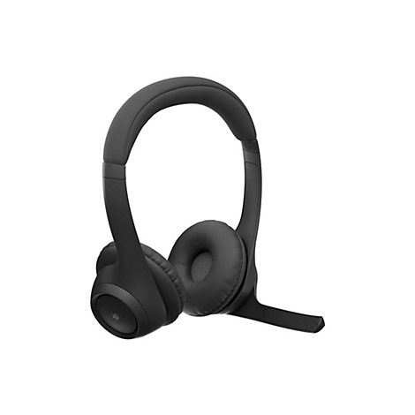 Casque noir sur fond blanc. On voit les écouteurs, l'arceau et le microphone.