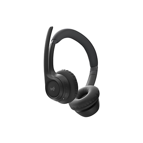 Casque sans fil noir, logo Logi, sur fond blanc.