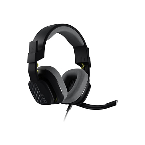 Casque de jeu noir avec des oreillettes et un bandeau rembourrés gris. Un microphone est fixé.