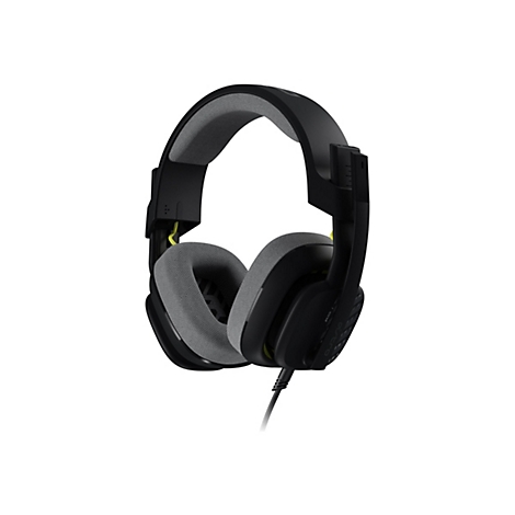 Casque de jeu noir avec doublure intérieure grise. Accents jaunes. Sur fond blanc. De côté.