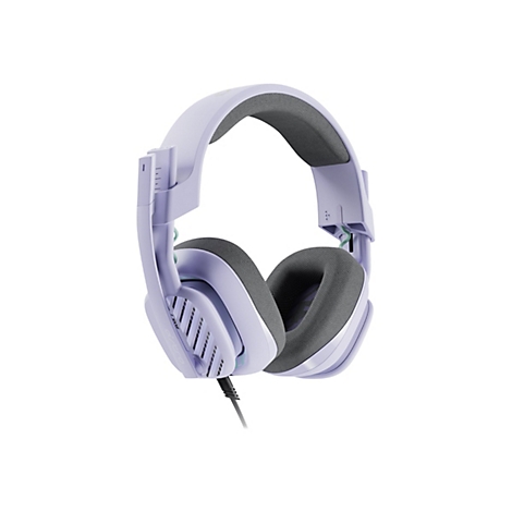 Casque violet clair, écouteurs gris, câble noir, fond blanc.