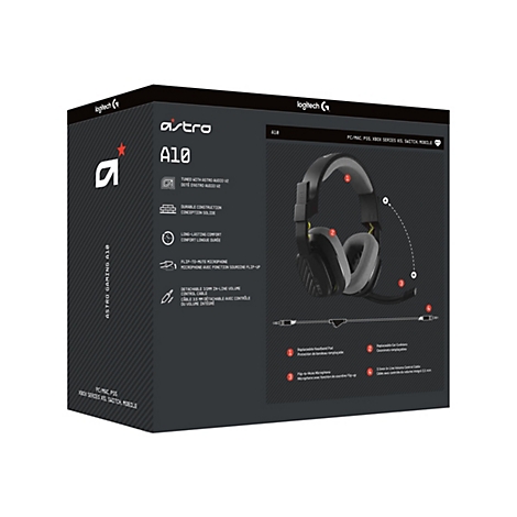 Schwarzer Astro A10 Gaming-Kopfhörer mit Mikrofon und abgebildeten Funktionen auf Verpackung. Der Kopfhörer ist auf PC, Mac, PS5, Xbox Series X|S und Switch zugeschnitten.