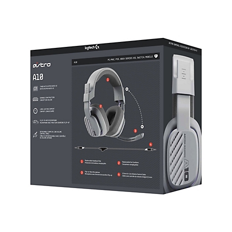 Hellgraues Astro A10 Gaming-Headset auf einer Produktverpackung, Detailansicht. Auf der Verpackung befinden sich Produktmerkmale, Markenschriftzug und Produktbezeichnungen.
