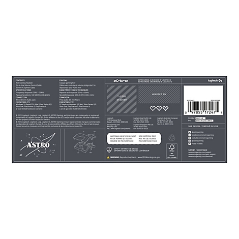 Schwarz-weiße Produktverpackung der Astro A10 Gaming-Headsets mit Logo und Produktinformationen. Enthält Logos, Strichcode und Kontaktinformationen.