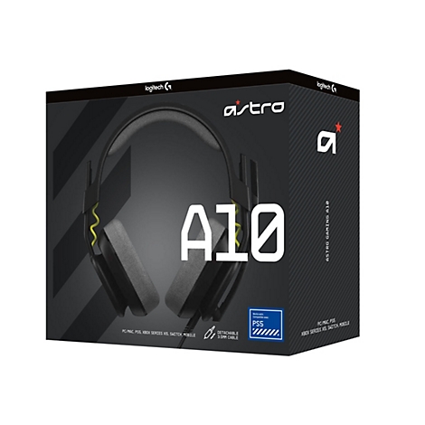 Auf einem schwarzen Hintergrund ist ein Astro Gaming A10 Headset auf einer Verpackung zu sehen. Das Headset ist schwarz und grau mit gelben Akzenten. Logos und Text auf der Verpackung sind sichtbar.