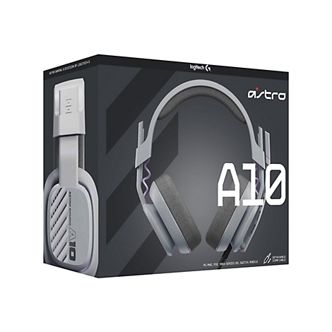Hellgraues Gaming-Headset auf einer schwarzen Produktverpackung. Aufgedruckter Text: Astro A10.
