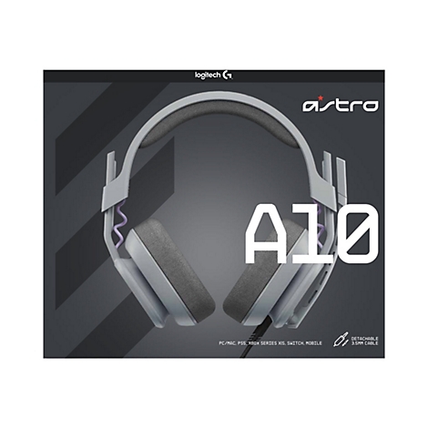 Hellgraues Gaming-Headset auf dunklem Hintergrund. Aufschrift: A10, Astro, Logitech.