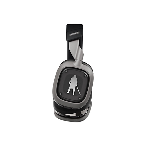 Graue Astro-Gaming-Kopfhörer mit einem Mandalorier-Motiv. Aufschriften "astro" auf der Oberseite.