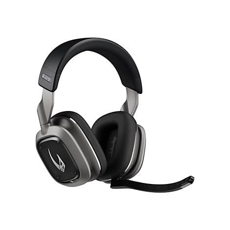Graue Astro-Gaming-Kopfhörer mit schwarzem Bügel und Mikrofon. Auf den Ohrmuscheln ist ein weißes Logo abgebildet.