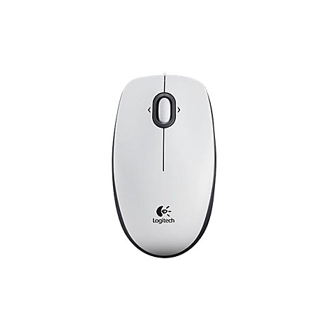Souris d'ordinateur blanche, bord noir, molette de dÃ©filement et logo Logitech.