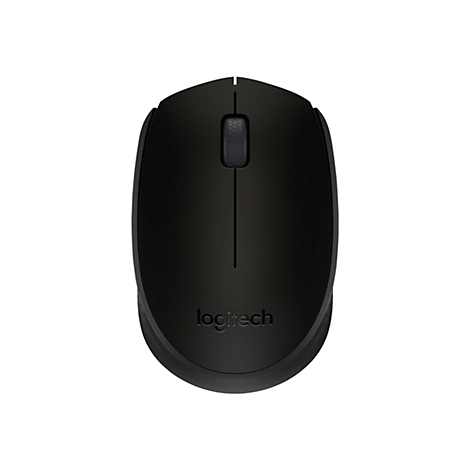 Draufsicht auf eine schwarze Logitech-Maus auf weißem Hintergrund. Die Maus hat ein Scrollrad und den Schriftzug Logitech.
