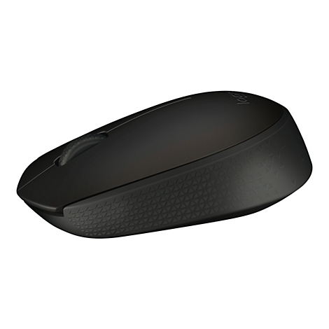 Souris Logitech noire, dÃ©taillÃ©e. Dessus lisse, cÃ´tÃ© texturÃ©.