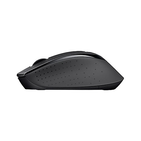 Vue de profil d'une souris d'ordinateur noire avec molette de dÃ©filement et cÃ´tÃ© texturÃ© sur fond blanc.
