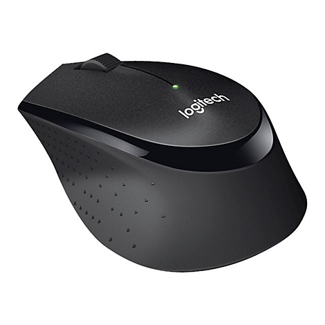Souris Logitech noire, avec molette et logo.