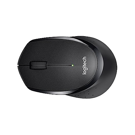 Vue de dessus d'une souris Logitech noire. Une molette de dÃ©filement et une LED verte sont visibles sur le dessus. Le nom Logitech est imprimÃ©.
