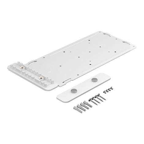 Weißes Montage-Set für ein elektronisches Gerät, bestehend aus Grundplatte, Halterung, Schrauben und Dübeln.