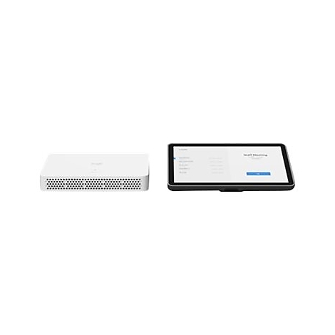 Ein weißes, rechteckiges Gerät und ein schwarzes Tablet liegen auf weißem Grund. Auf dem Tablet ist eine Meeting-Oberfläche zu sehen.