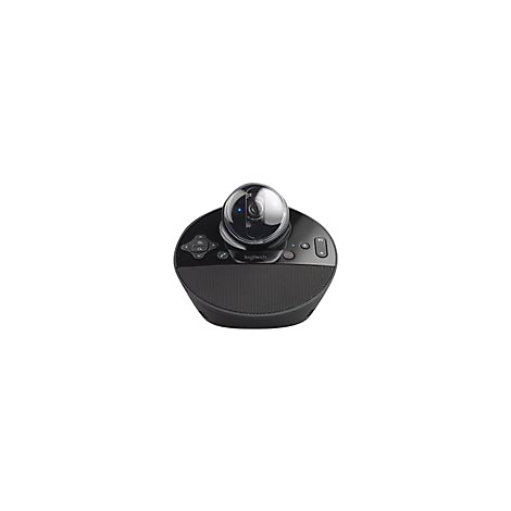 Schwarze Webcam auf kreisfÃ¶rmiger Basis mit Lautsprecher und Bedienelementen.