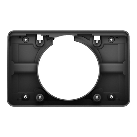 Schwarzer, rechteckiger Rahmen mit großem, rundem Loch in der Mitte und kleinen Löchern und Schrauben. Detailaufnahme.