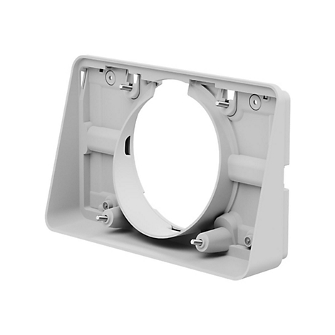Hellgrauer Kunststoffrahmen mit kreisförmiger Öffnung. Schrauben und Halterungen sind sichtbar.
